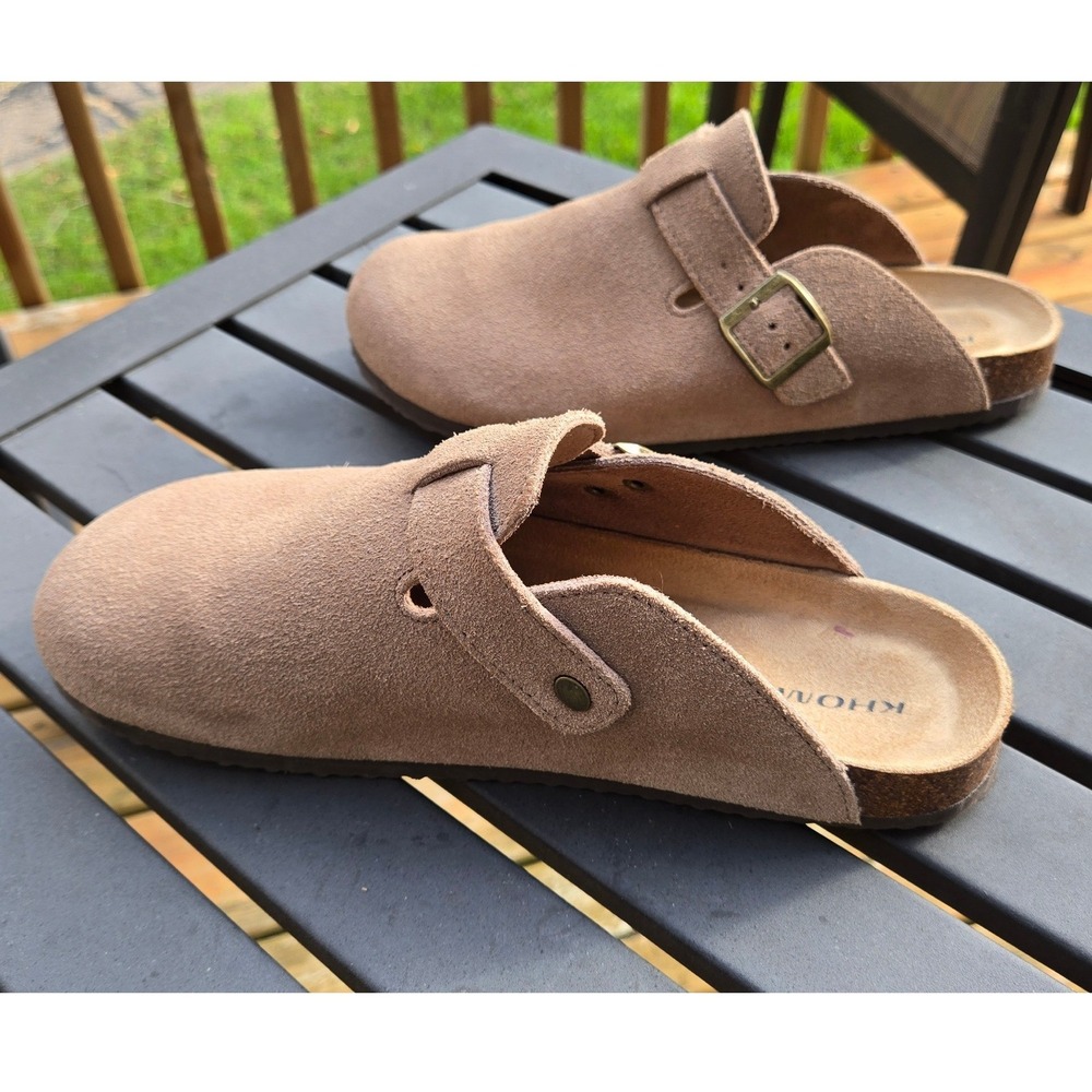 Khombu womens Suede Clogs Tan Buckle Strap Cork Footbed Slip On Shoes size 10 - Picture 3 of 5